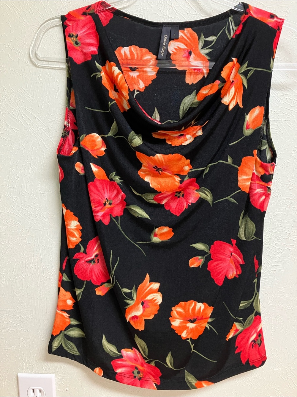 Cowl-Neck Floral Sleeveless Blouse - Black with Red & Orange Flowers